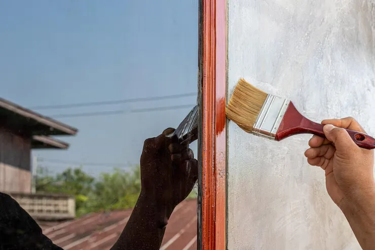 Pintor autónomo trabajando con rodillo en la pared interior de una vivienda en renovación
